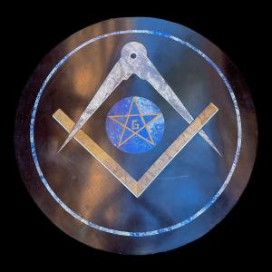 Large 1m Freemason Table Top In Marble And Lapis Lazuli Marquetry, Ca 1950